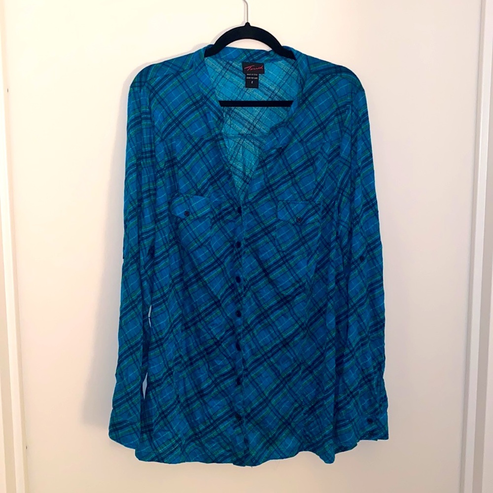 Torrid Turquoise Plaid Print Button Down Long Sleeve Top